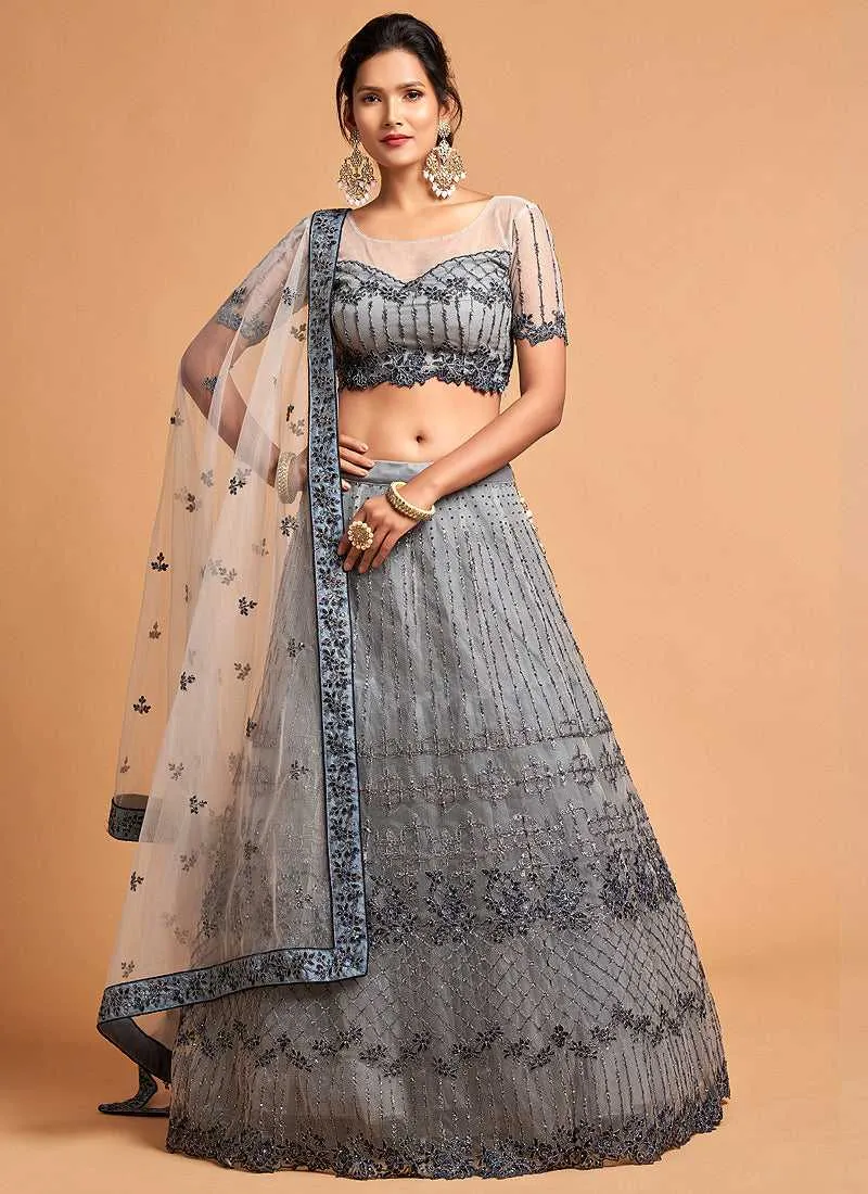 Silver Grey Floral Heavy Embroidered Designer Lehenga Choli