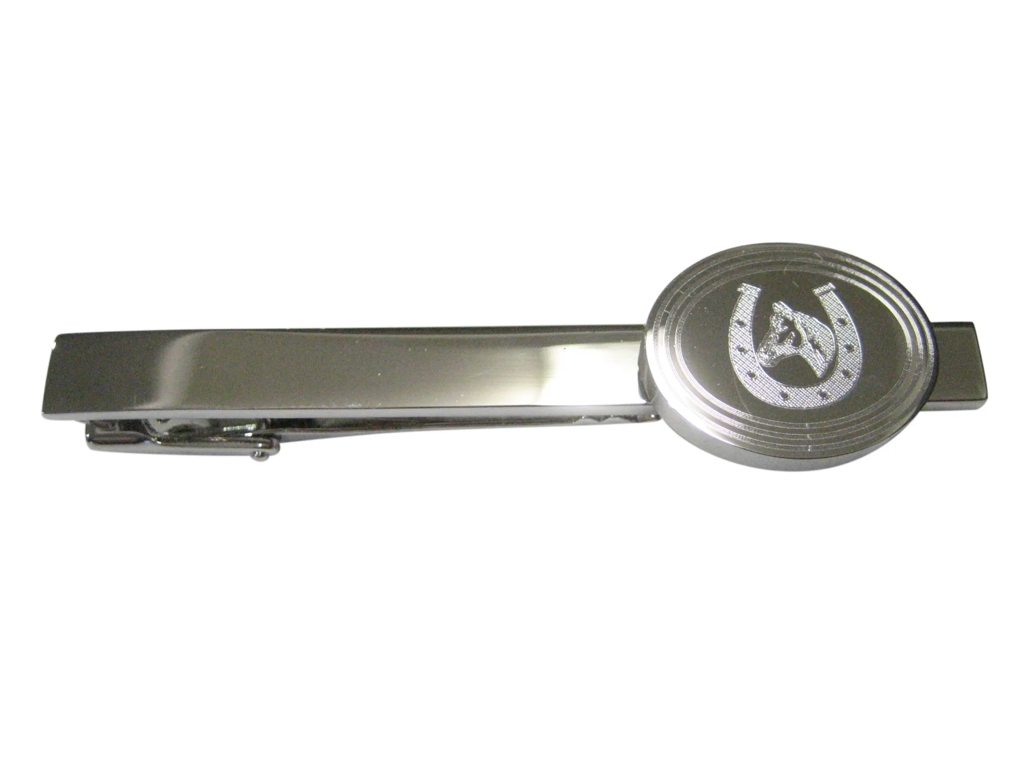 Silver Toned Etched Oval Horse and Horse Shoe Tie Clip