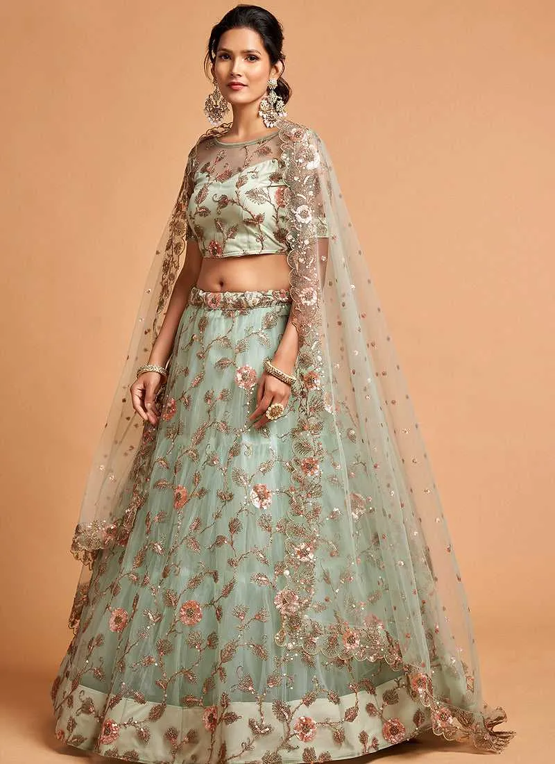 Sky Blue Floral Heavy Embroidered Designer Lehenga Choli