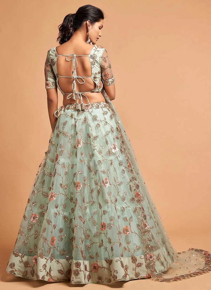 Sky Blue Floral Heavy Embroidered Designer Lehenga Choli