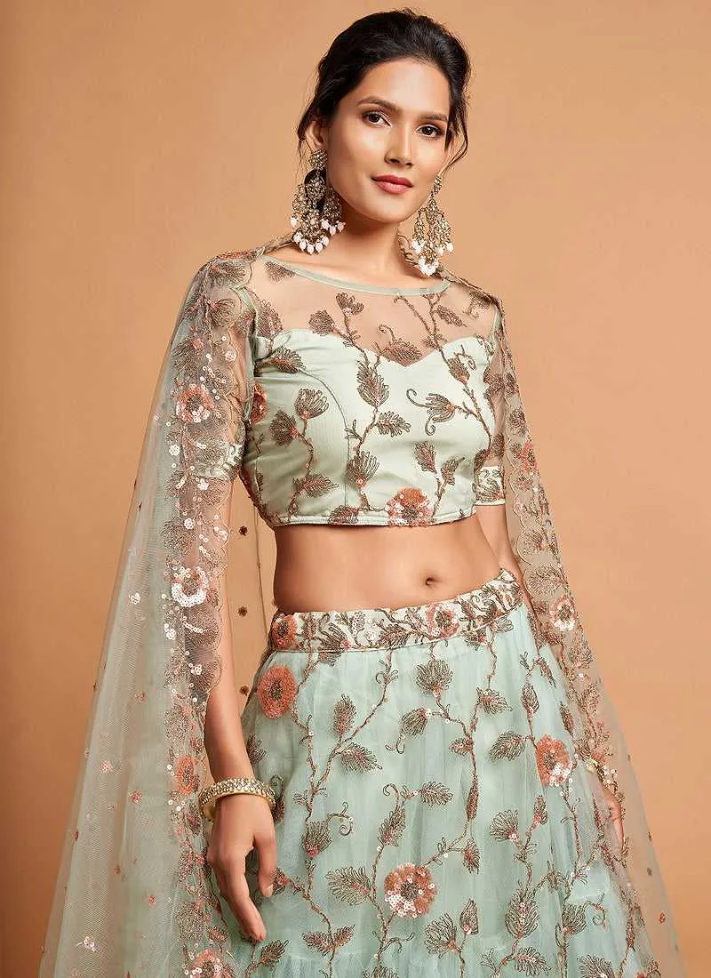 Sky Blue Floral Heavy Embroidered Designer Lehenga Choli