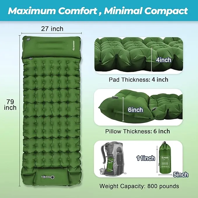 Sleeping Pad for Camping, 4in Thickness Inflatable Sleeping Mat with Adjustable Pillow & Built-in Foot Pump,Lightweight Camping Air Mattress with Waterproof Nylon for Hiking,Traveling-Green