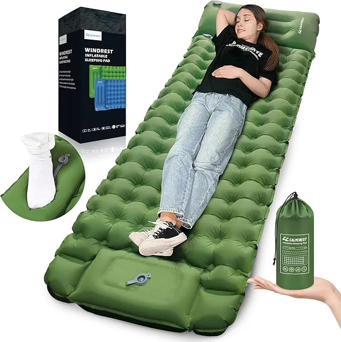 Sleeping Pad for Camping, 4in Thickness Inflatable Sleeping Mat with Adjustable Pillow & Built-in Foot Pump,Lightweight Camping Air Mattress with Waterproof Nylon for Hiking,Traveling-Green