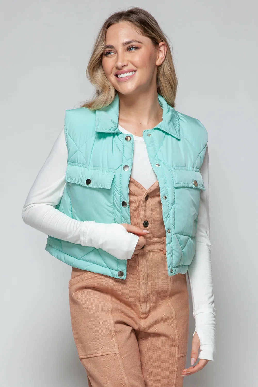 Snobbish Snap Down Quilted Crop Vest in Green