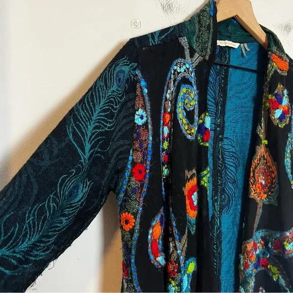 SOFT SURROUNDINGS- Wool Silk Embroidered Peacock Fringe Duster Topper Cardigan
