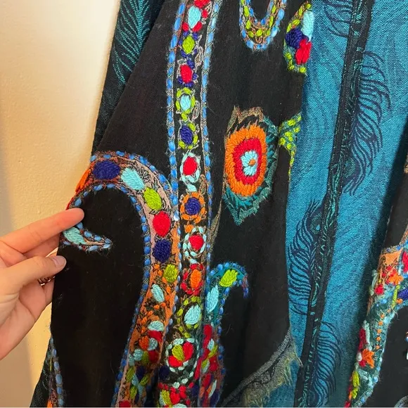 SOFT SURROUNDINGS- Wool Silk Embroidered Peacock Fringe Duster Topper Cardigan