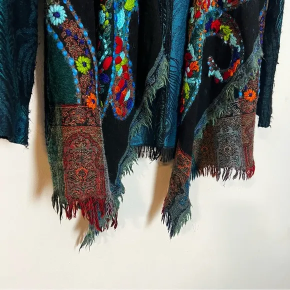 SOFT SURROUNDINGS- Wool Silk Embroidered Peacock Fringe Duster Topper Cardigan