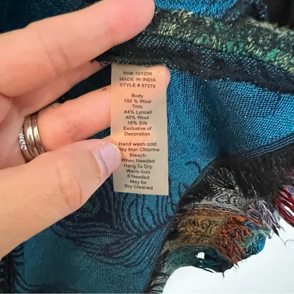 SOFT SURROUNDINGS- Wool Silk Embroidered Peacock Fringe Duster Topper Cardigan