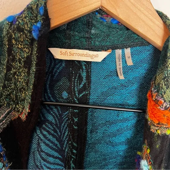 SOFT SURROUNDINGS- Wool Silk Embroidered Peacock Fringe Duster Topper Cardigan