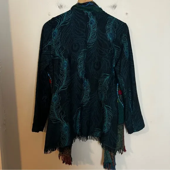 SOFT SURROUNDINGS- Wool Silk Embroidered Peacock Fringe Duster Topper Cardigan