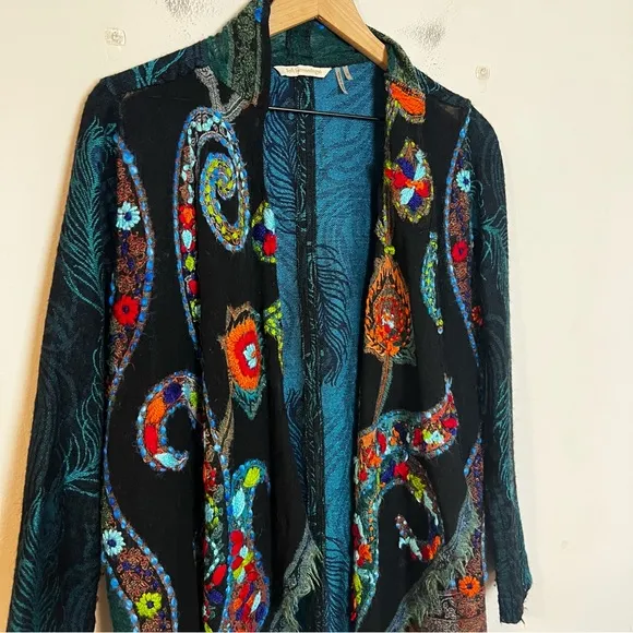 SOFT SURROUNDINGS- Wool Silk Embroidered Peacock Fringe Duster Topper Cardigan