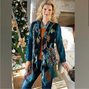 SOFT SURROUNDINGS- Wool Silk Embroidered Peacock Fringe Duster Topper Cardigan