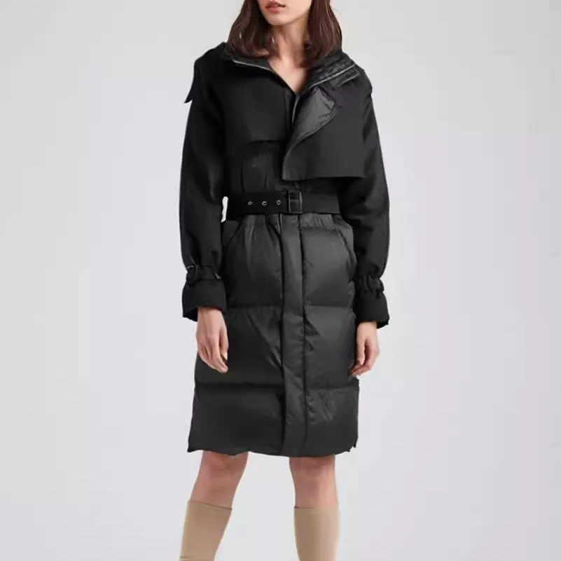 Sophisticated Belted Slim-Waist Patchwork Puffy Winter Coat