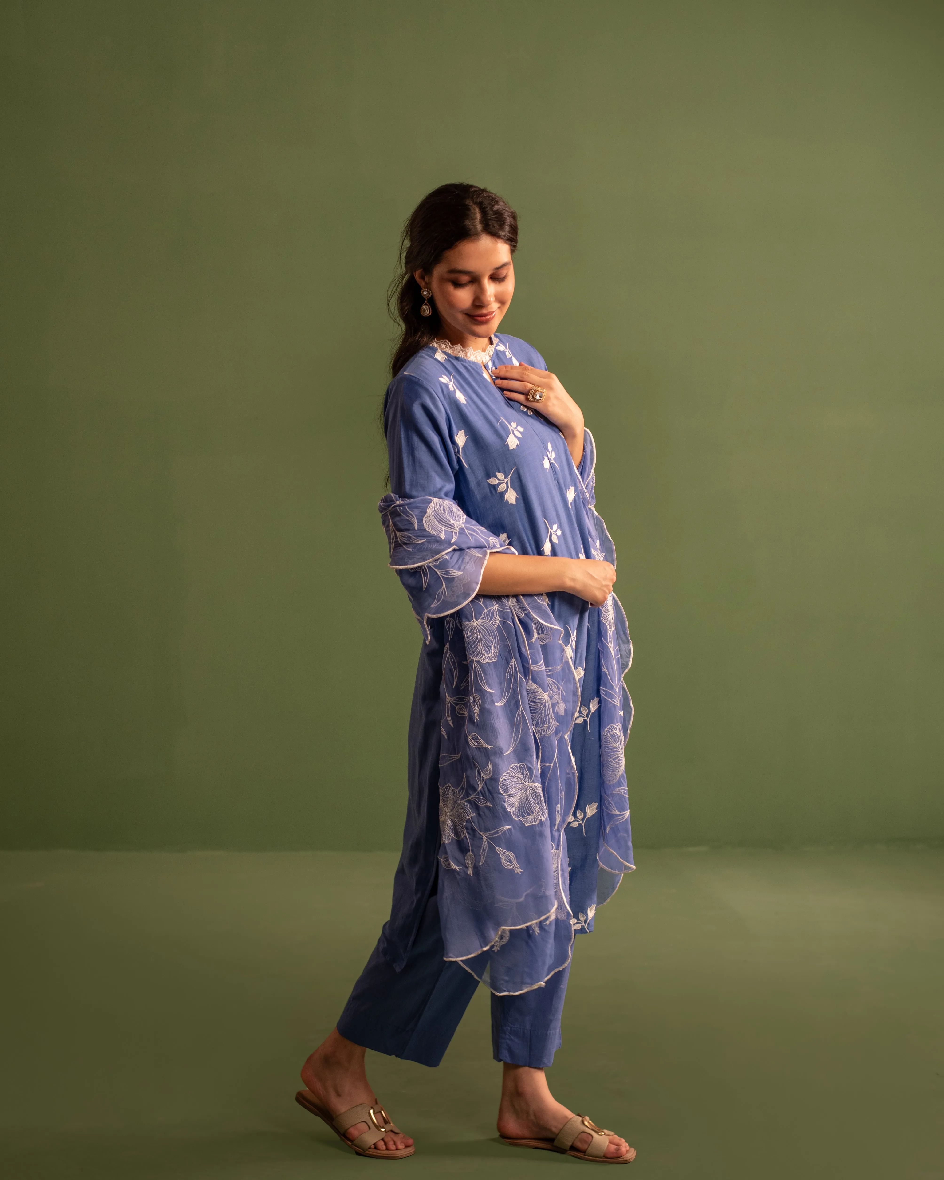 Space Blue Floral Embroidered Chanderi Suit Set