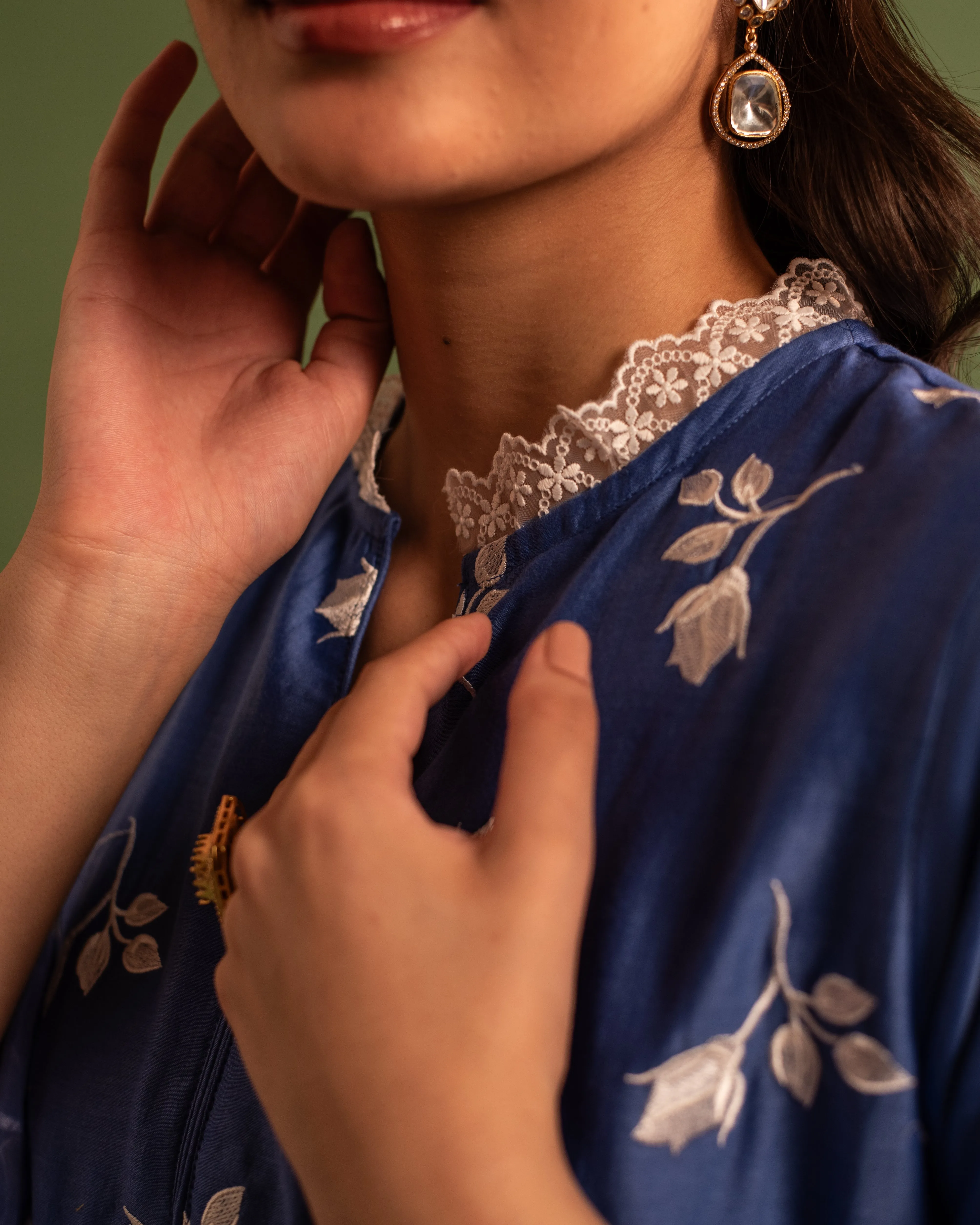 Space Blue Floral Embroidered Chanderi Suit Set