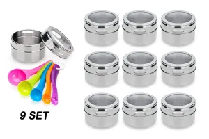 Stainless Steel Magnetic Spice Jars – Bonus Measuring Spoon Set – Airtight Kitchen Storage Containers – Stack on Fridge to Save Counter & Cupboard Space – 9pc Organizers