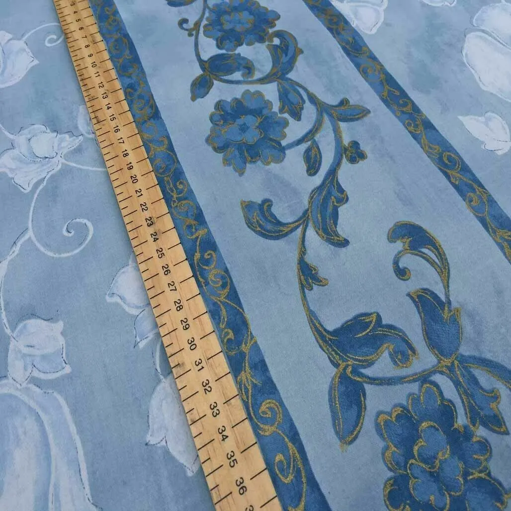 Striped Floral Abstract Cotton Sheeting Vintage Fabric 140cm, Blue