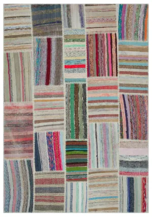 Striped Over Dyed Kilim Patchwork Unique Rug 6'2'' x 8'11'' ft 189 x 273 cm