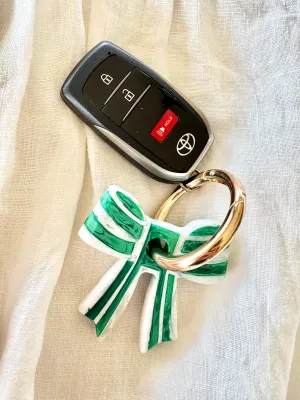 Stripey Bow Resin Keyring - Emerald/ White