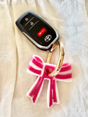 Stripey Bow Resin Keyring - Hot Pink/ White