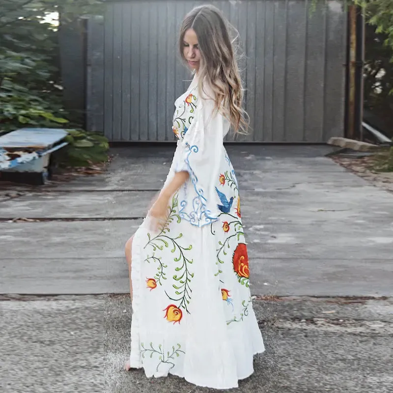 Summer Bohemian Dress Floral Embroidery with Tassel Vintage Maxi Dress