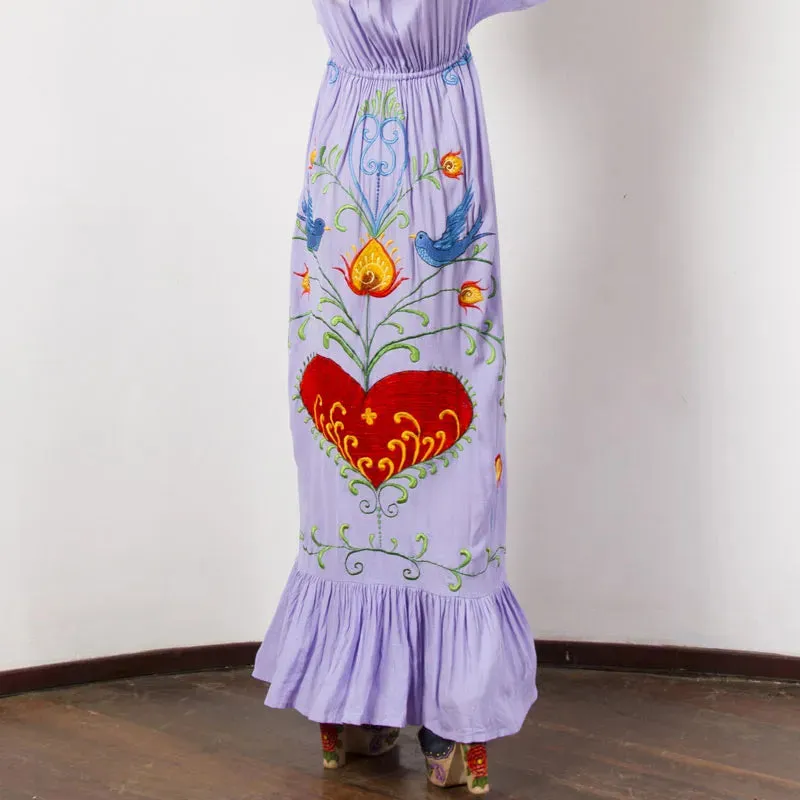 Summer Bohemian Dress Floral Embroidery with Tassel Vintage Maxi Dress