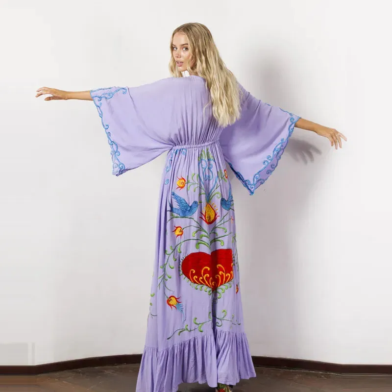 Summer Bohemian Dress Floral Embroidery with Tassel Vintage Maxi Dress