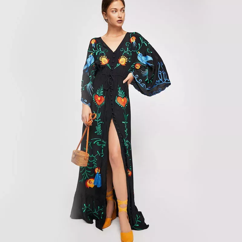 Summer Bohemian Dress Floral Embroidery with Tassel Vintage Maxi Dress