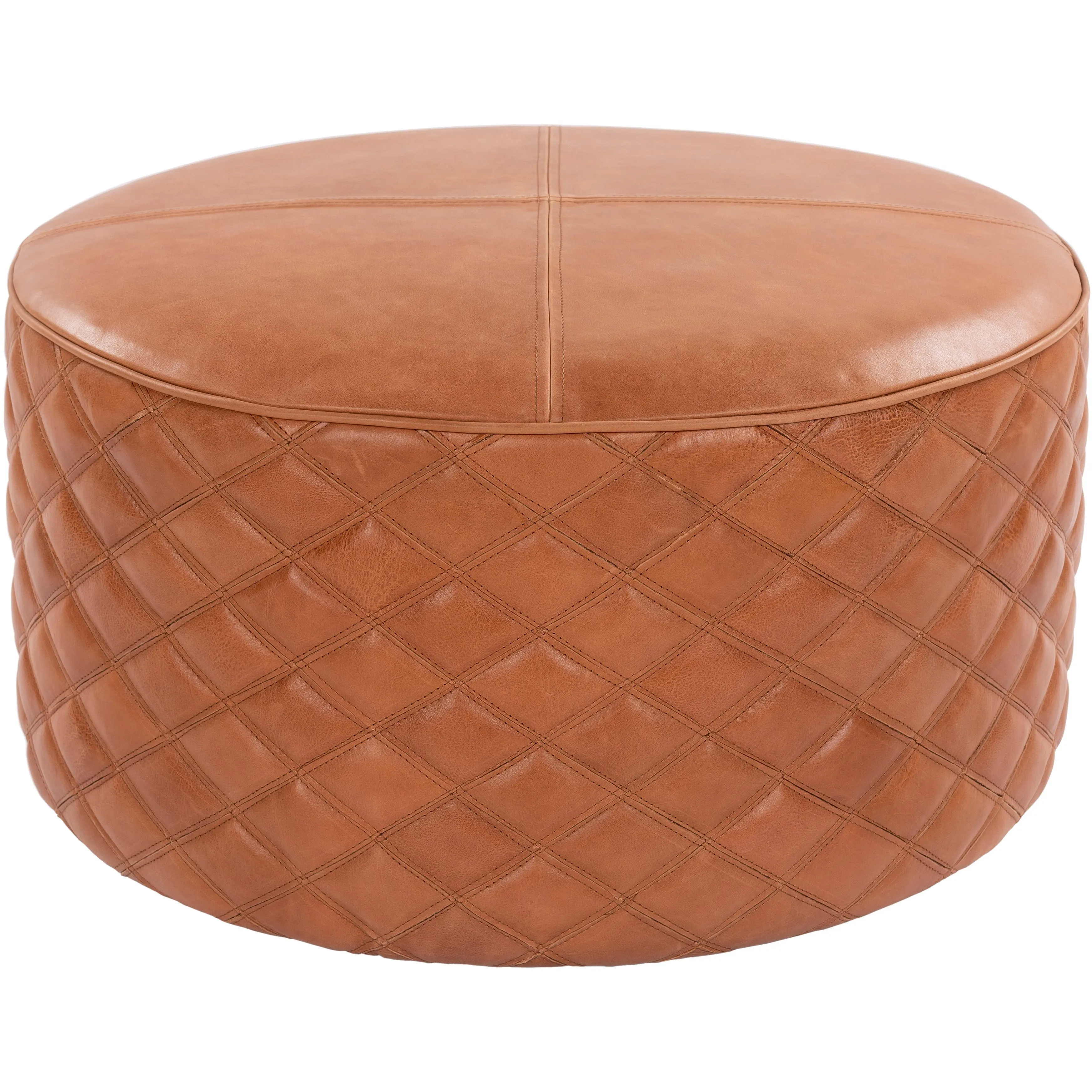 Surya Lance Modern Rustic Brown Quilted Leather Round Ottoman LEPF-001