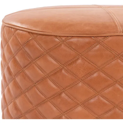 Surya Lance Modern Rustic Brown Quilted Leather Round Ottoman LEPF-001