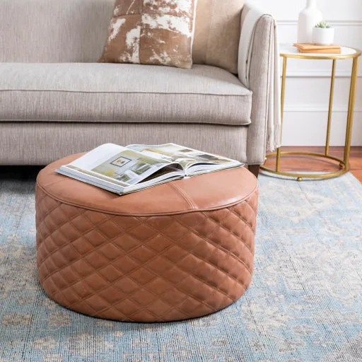 Surya Lance Modern Rustic Brown Quilted Leather Round Ottoman LEPF-001