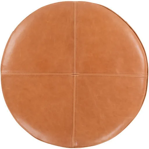 Surya Lance Modern Rustic Brown Quilted Leather Round Ottoman LEPF-001