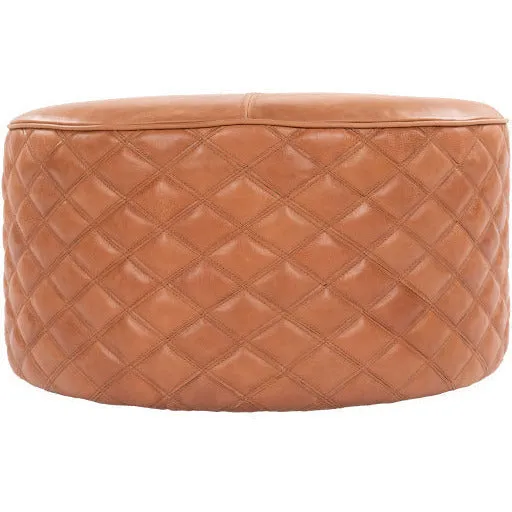 Surya Lance Modern Rustic Brown Quilted Leather Round Ottoman LEPF-001