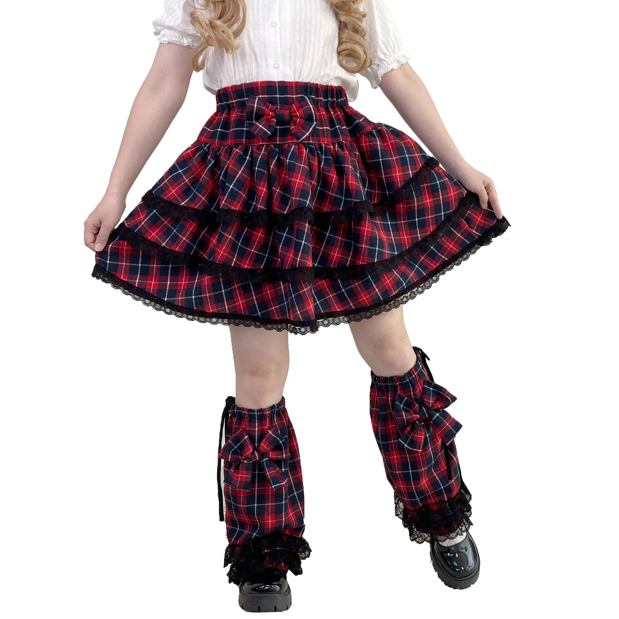 Sweet Punk Lolita Red Y2K Plaid Layered Skirt with Matching Leg Warmers Kawaii Bow Set