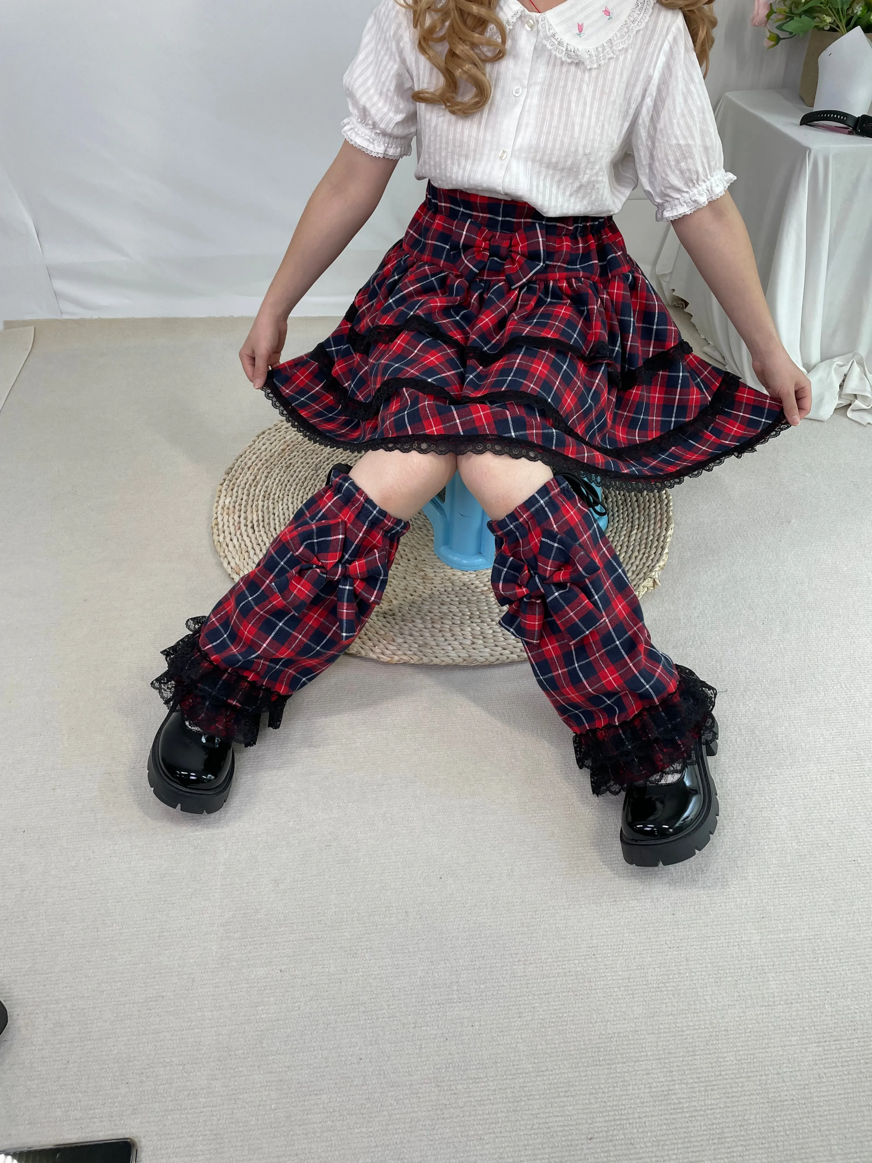 Sweet Punk Lolita Red Y2K Plaid Layered Skirt with Matching Leg Warmers Kawaii Bow Set