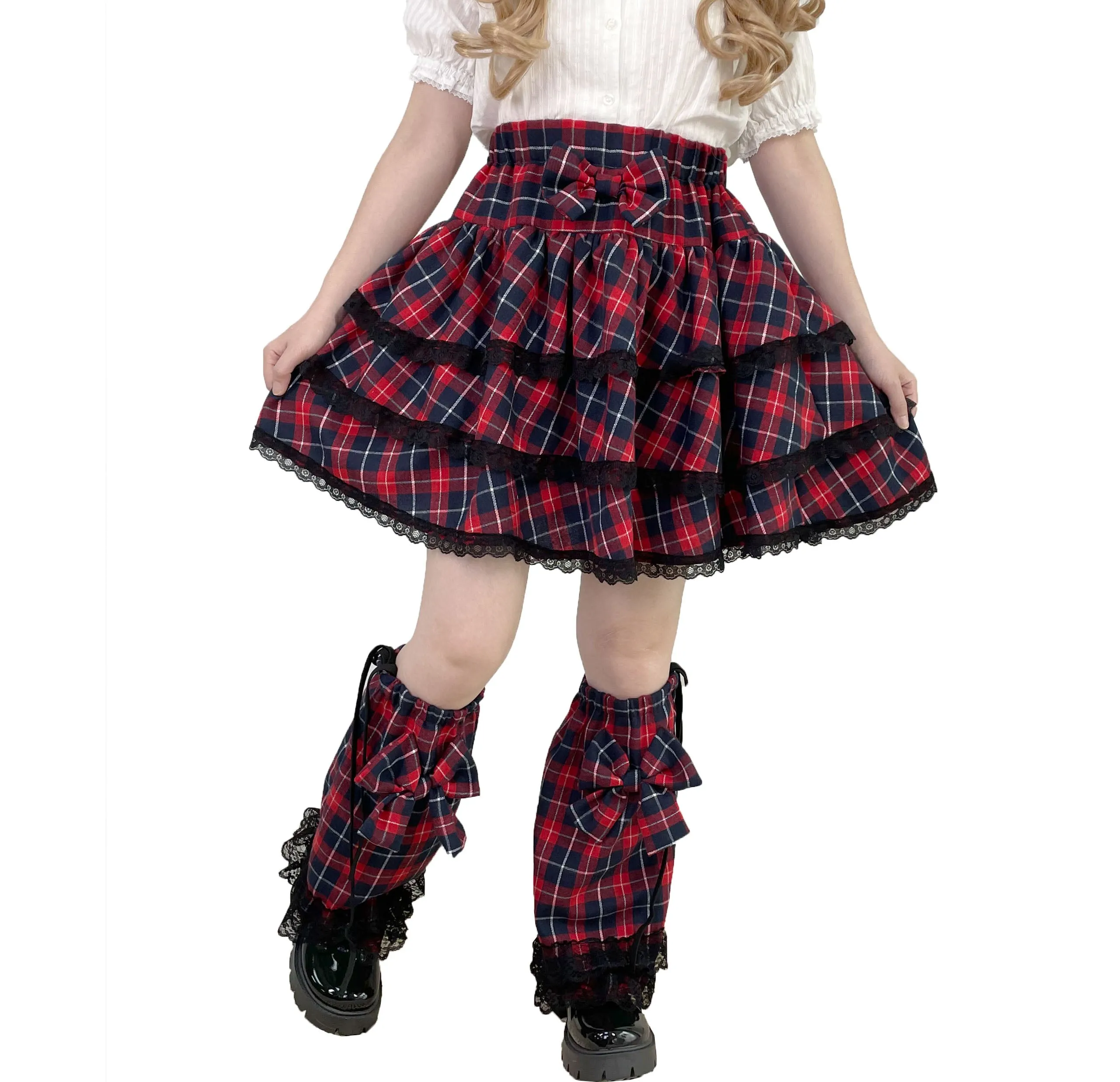 Sweet Punk Lolita Red Y2K Plaid Layered Skirt with Matching Leg Warmers Kawaii Bow Set