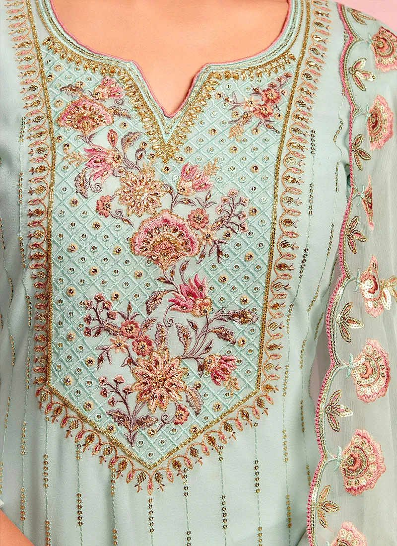 Teal Blue Floral Embroidered Pakistani Pant Suit