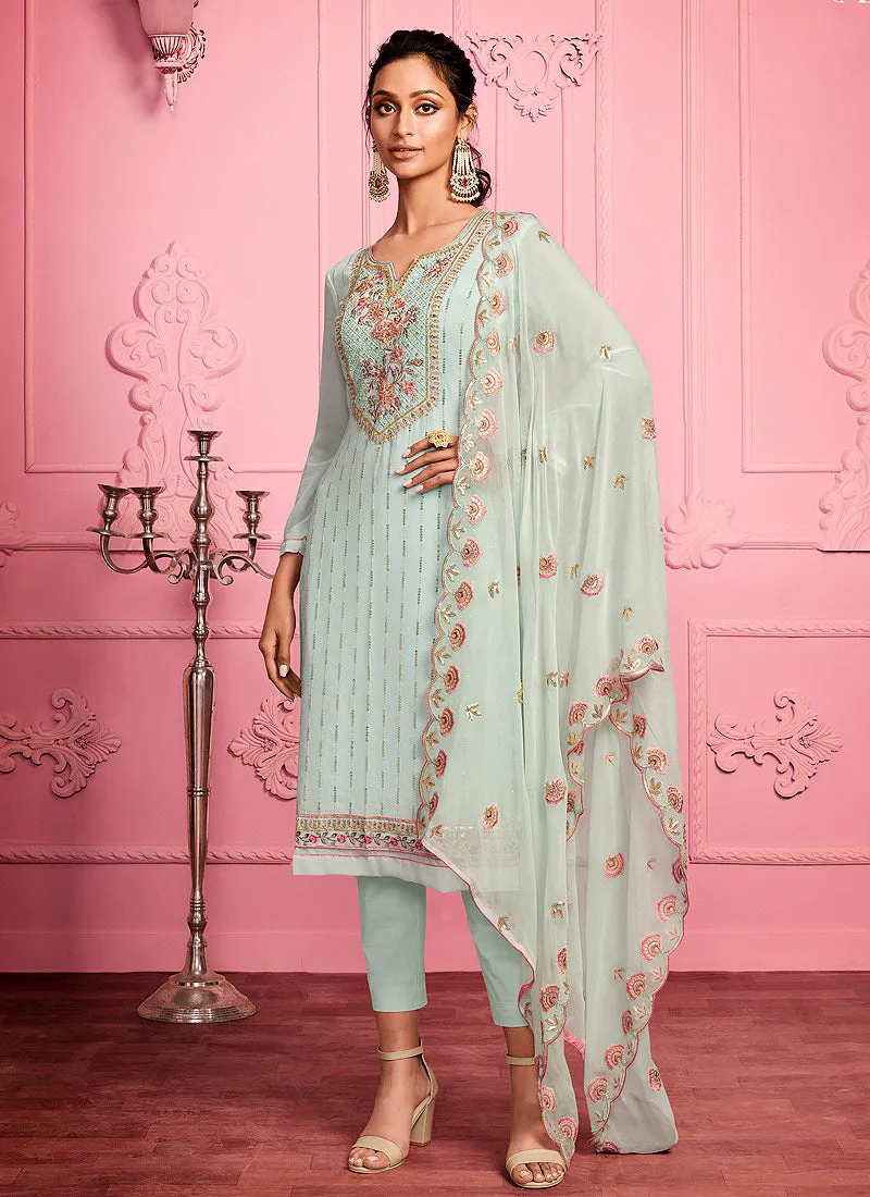 Teal Blue Floral Embroidered Pakistani Pant Suit
