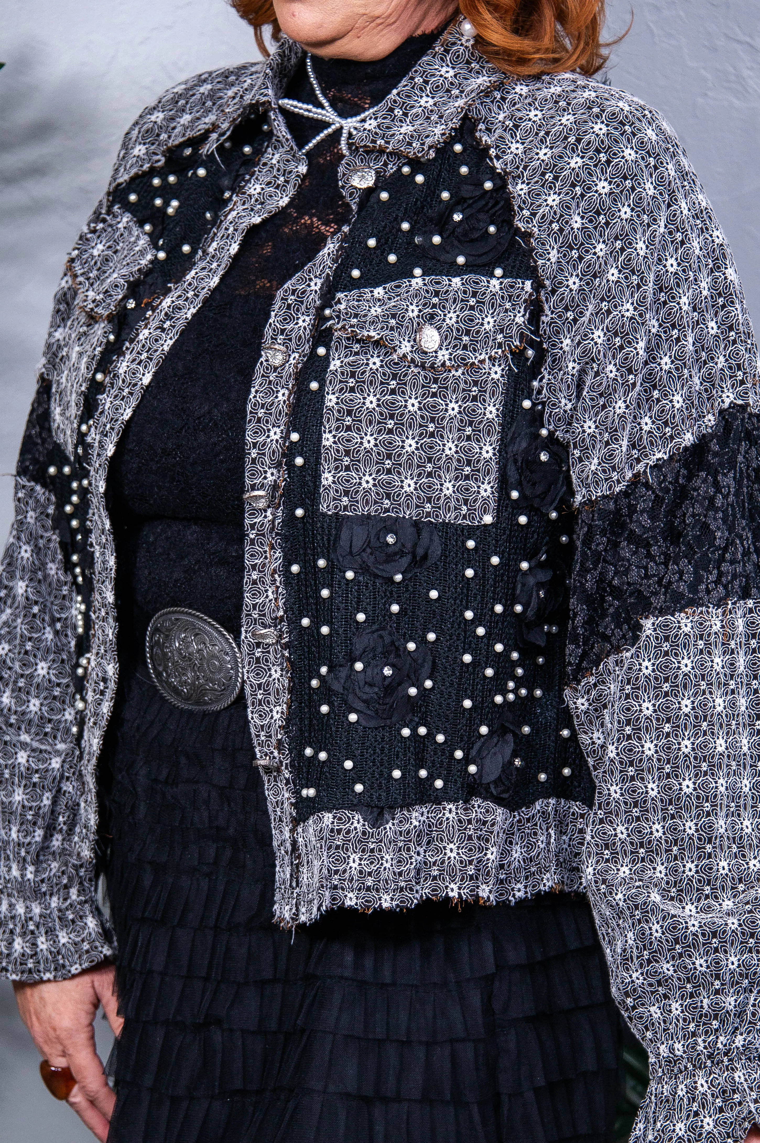 The Flower Edit Black Pearl Detail Lace Patchwork Shirt