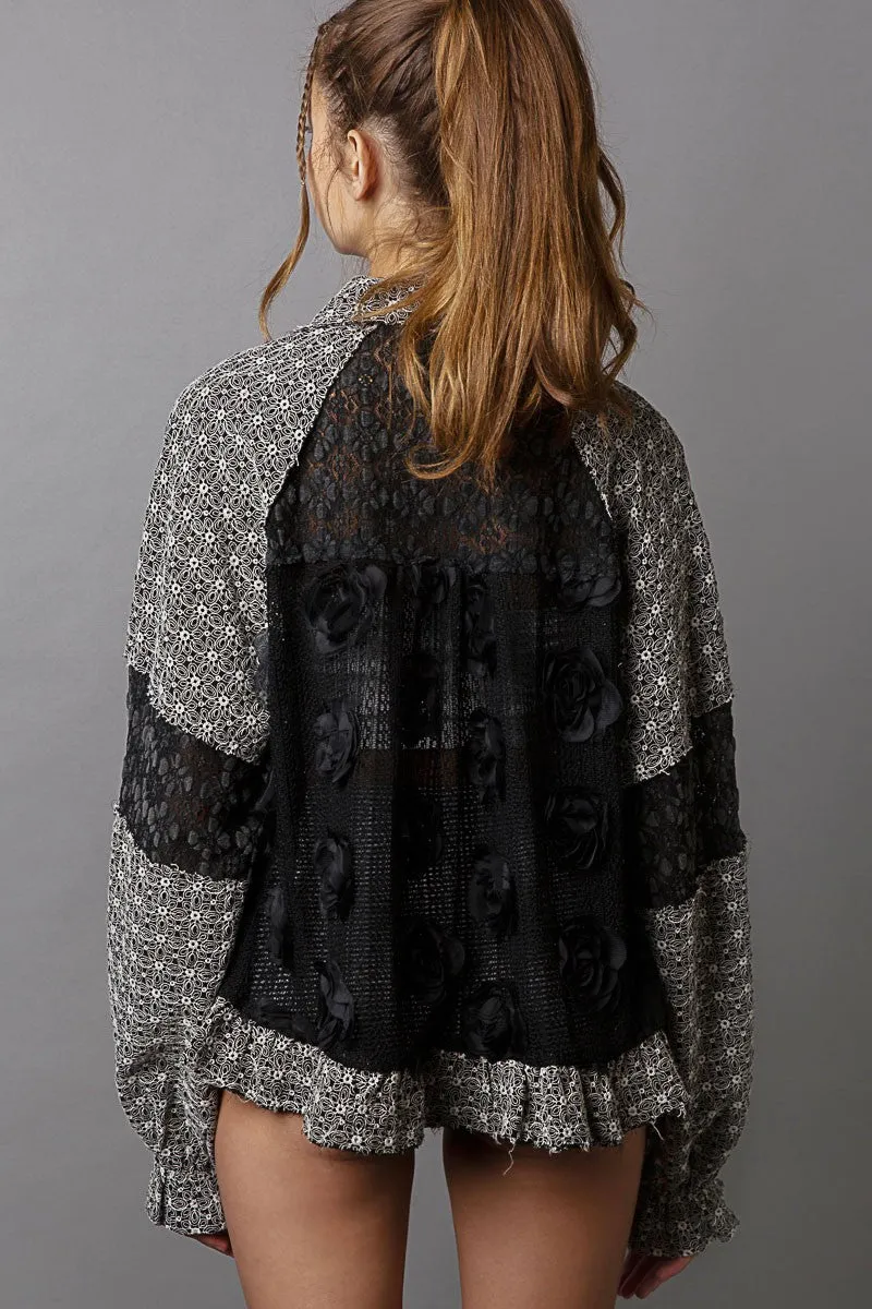 The Flower Edit Black Pearl Detail Lace Patchwork Shirt