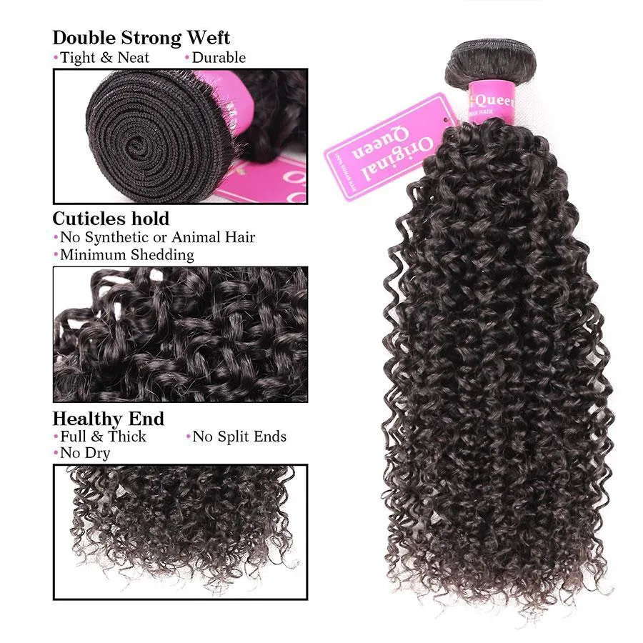Thick Kinky Curly Human Hair 4 Bundles with 4*4 Lace Clsoure Natural Black -OQHAIR