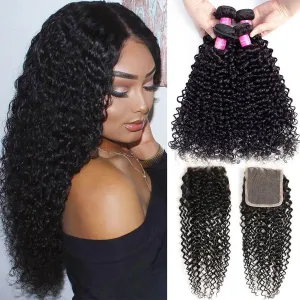 Thick Kinky Curly Human Hair 4 Bundles with 4*4 Lace Clsoure Natural Black -OQHAIR