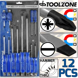 TOOLZONE 12PCS MAGNETIC GO THROUGH SCREWDRIVER SET ( SLOTTED - POZIDRIVE )