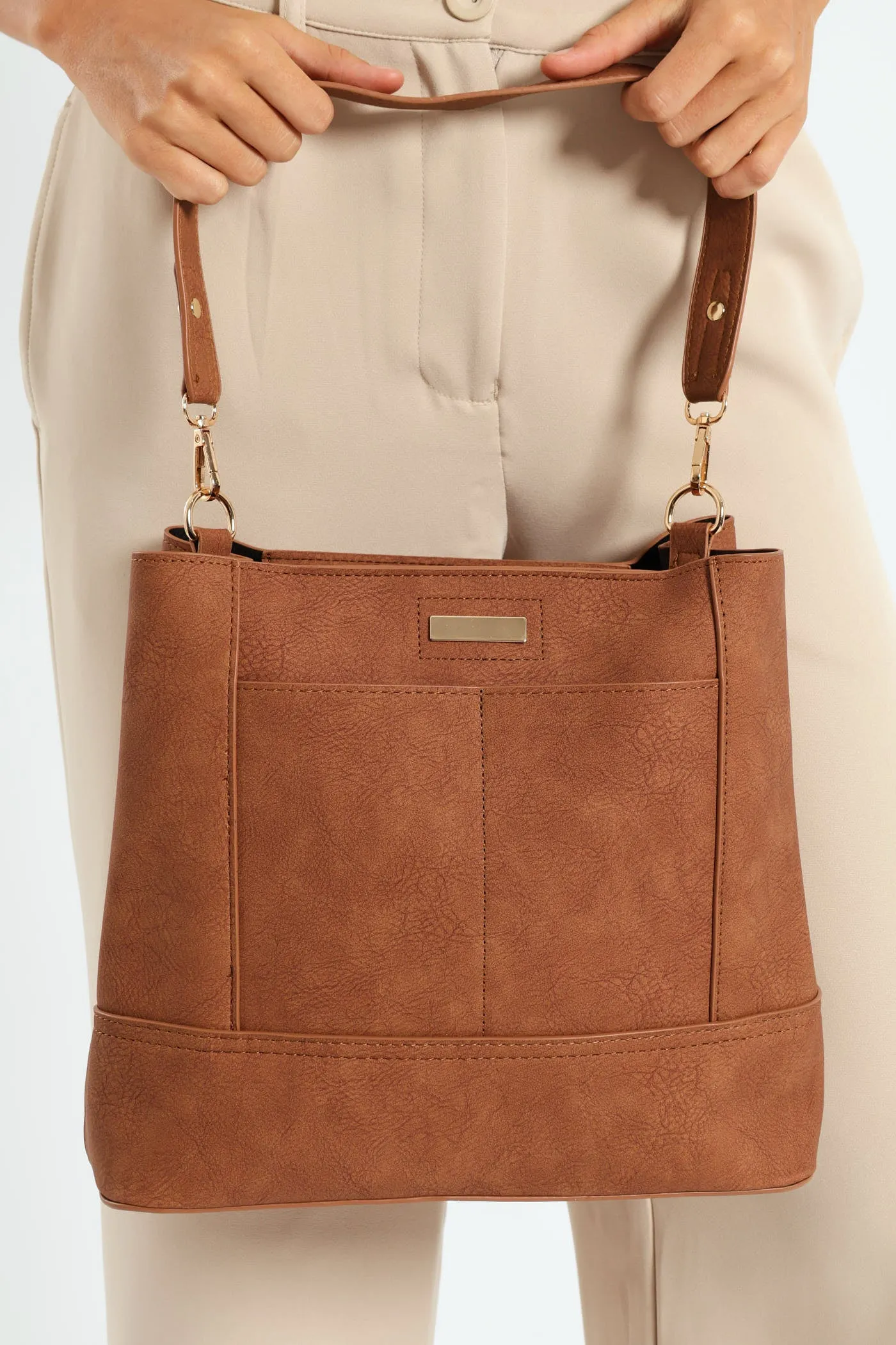 Top Stitch Detail Shopper Bag - Tan