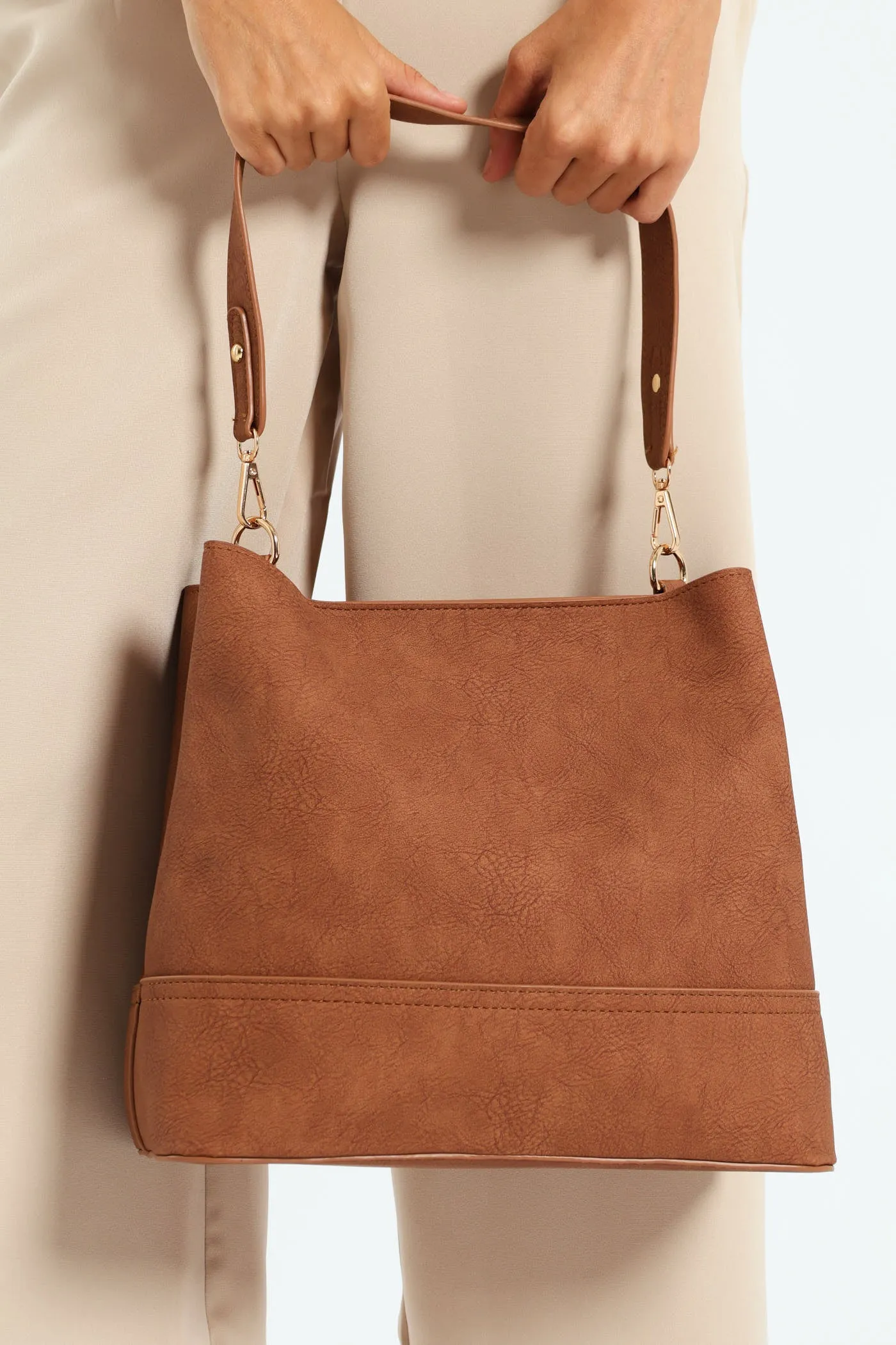 Top Stitch Detail Shopper Bag - Tan