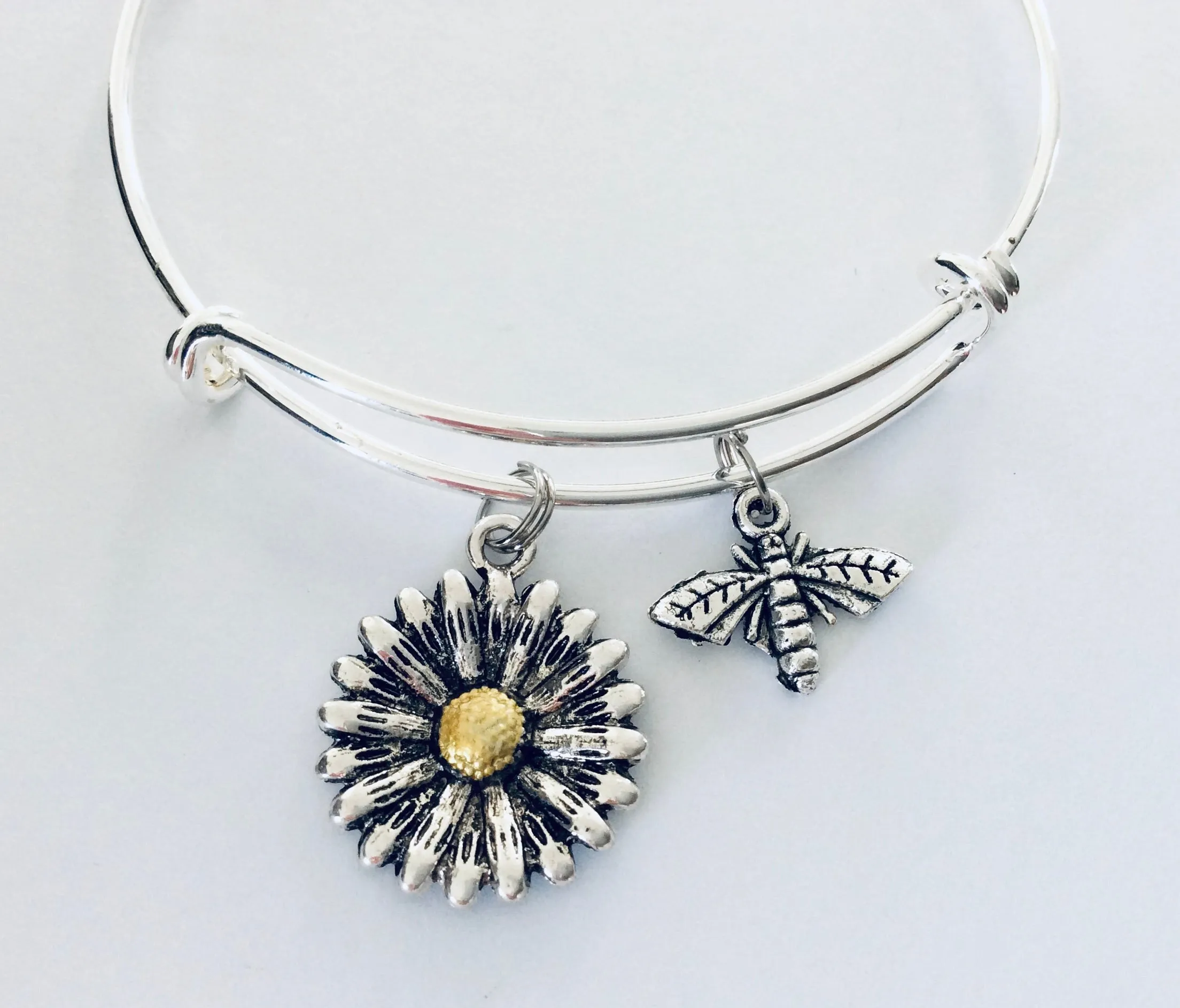 Two Toned Daisy and Bee Charm Adjustable Expandable Bangle Bracelet Silver Handmade Wire Bangle Stacking Bangle Trendy