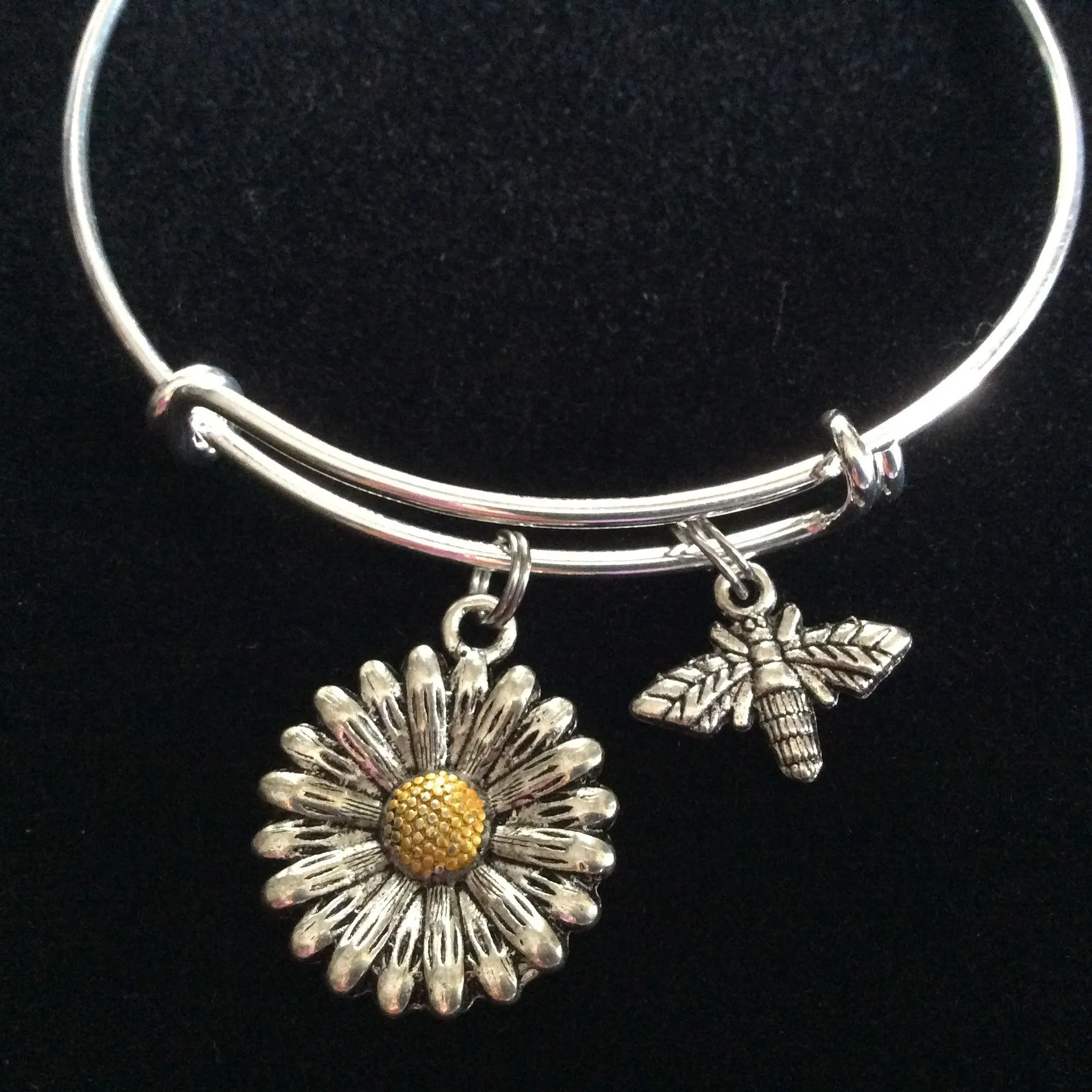 Two Toned Daisy and Bee Charm Adjustable Expandable Bangle Bracelet Silver Handmade Wire Bangle Stacking Bangle Trendy