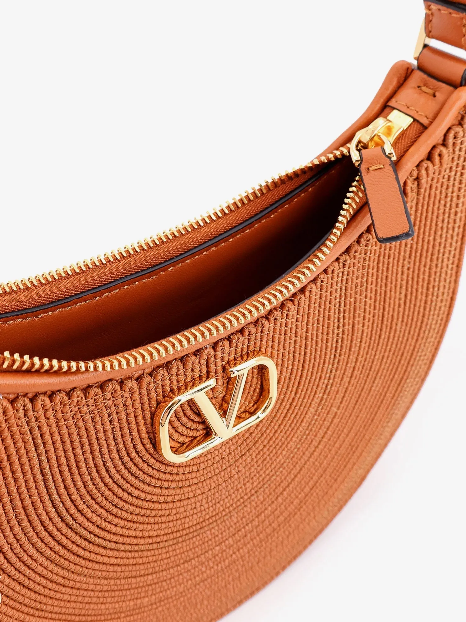 Valentino Garavani Mini Hobo Vlogo Signature Valentino Garavani Leather And Rafia Bag With Metal And Leather Shoulder Strap