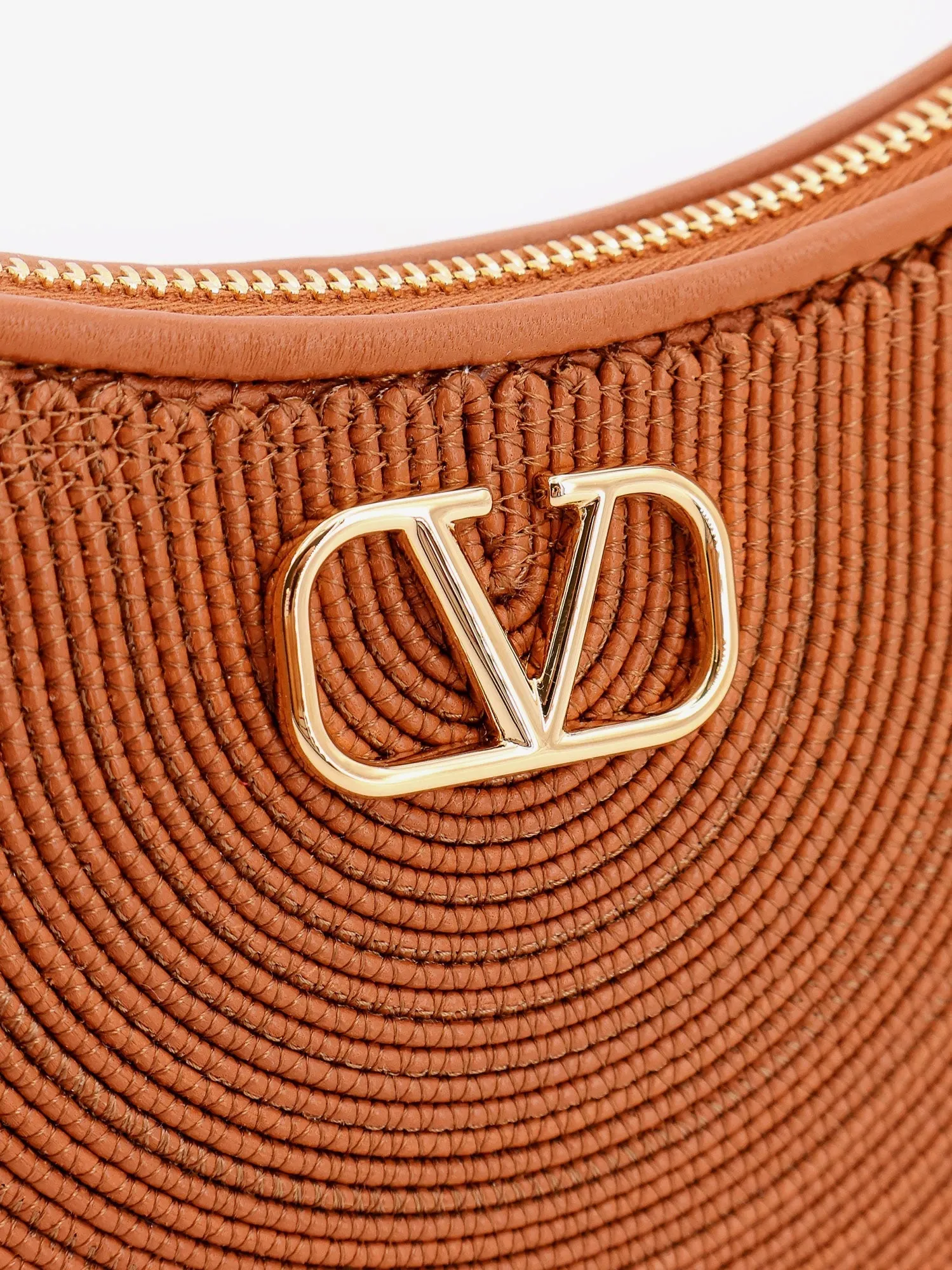 Valentino Garavani Mini Hobo Vlogo Signature Valentino Garavani Leather And Rafia Bag With Metal And Leather Shoulder Strap