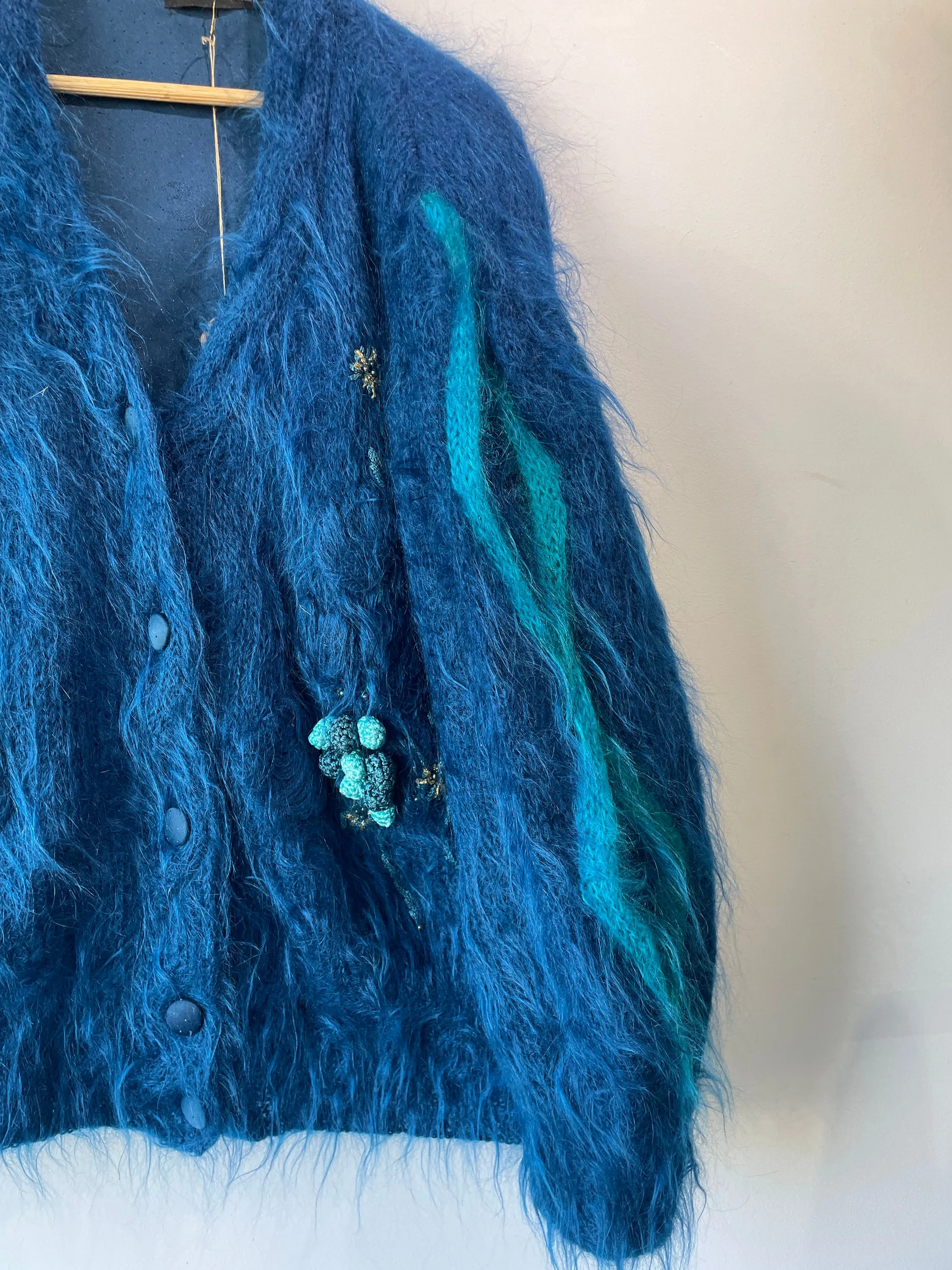 Vintage Alain Murati Ocean Blue Fuzzy Sweater Cardigan